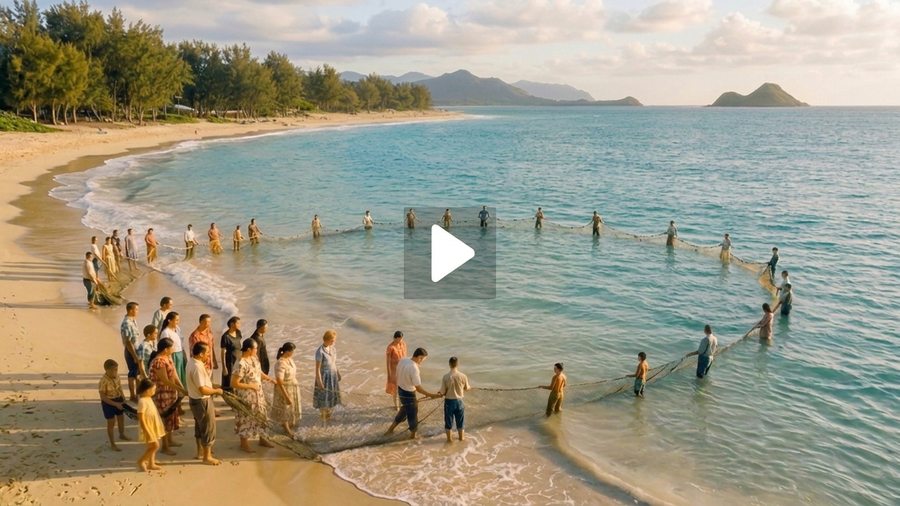 Reconstructed still from Cy Kalama's film. The hukilau on Kailua Beach.