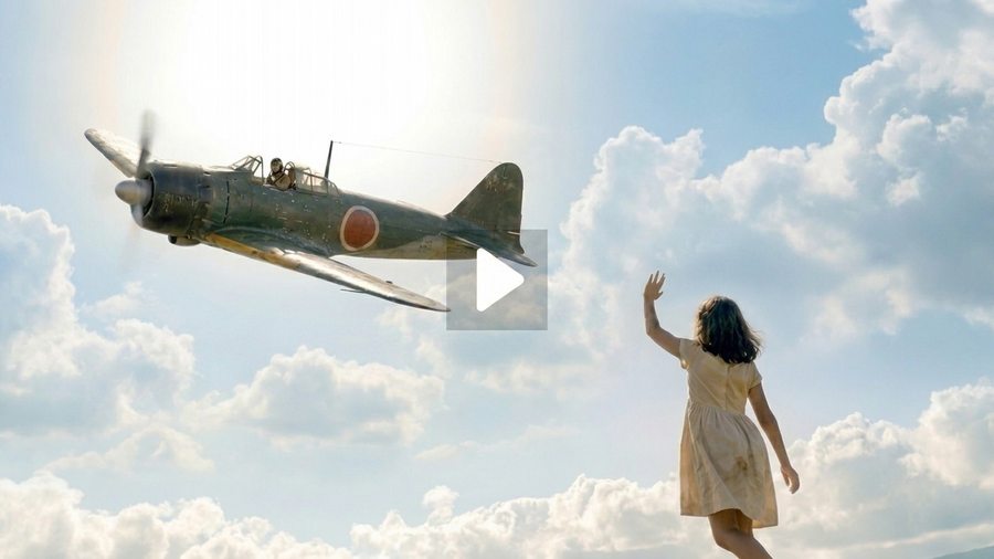 Reconstructed still from Paulette McLain's film. A pilot waves from a passing plane.