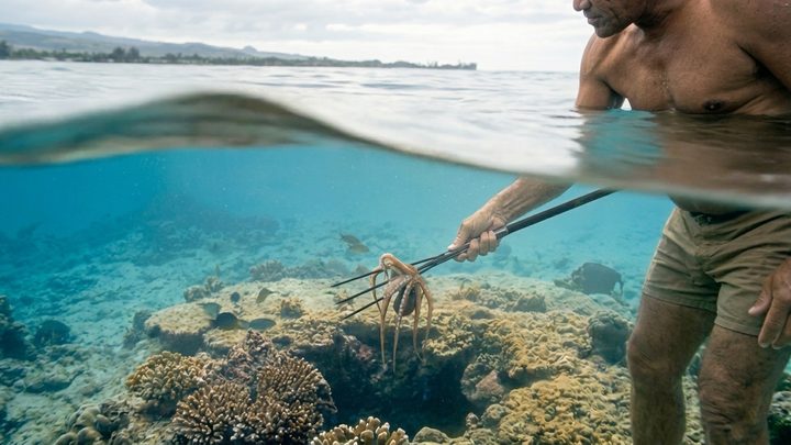 Reconstructed still. Using heʻe (octopus) as bait to attract the moray eel.