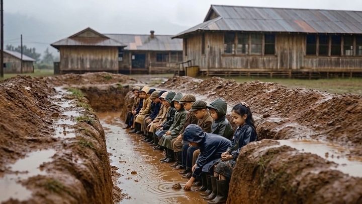 Reconstructed still. School kids sheltering in a trench.