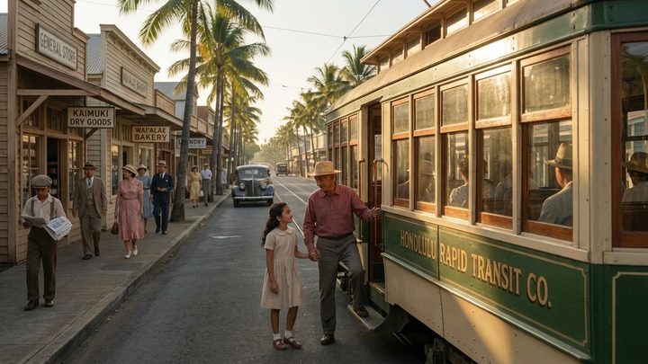 Reconstructed still. A trolley on Waiʻalae Avenue, 1941.